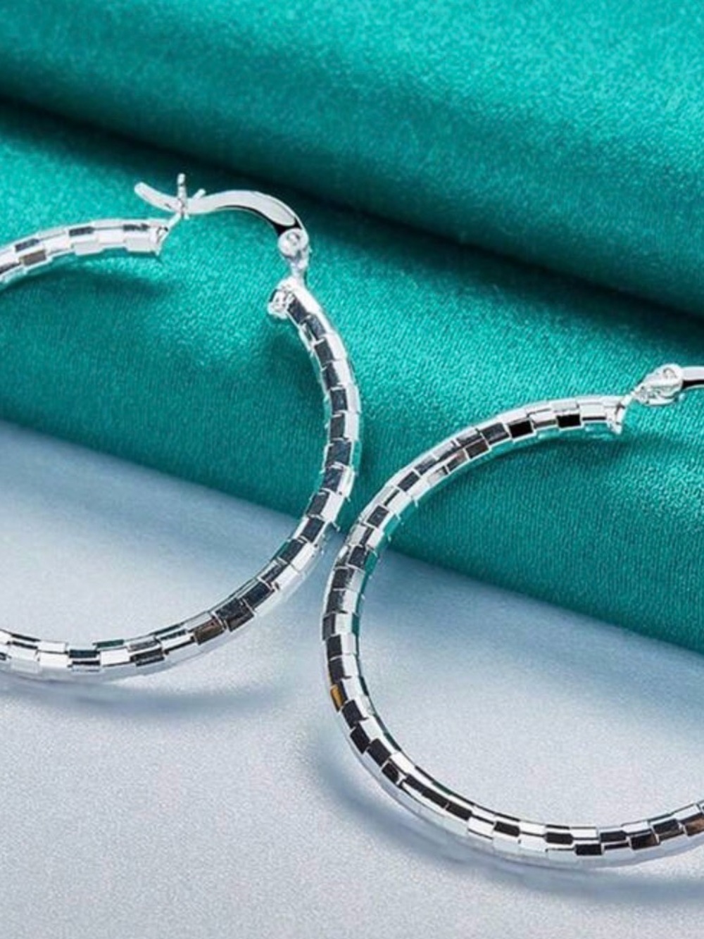 Silver Textured Hoop Earrings - Women Jewelry - Picture 2 of 3